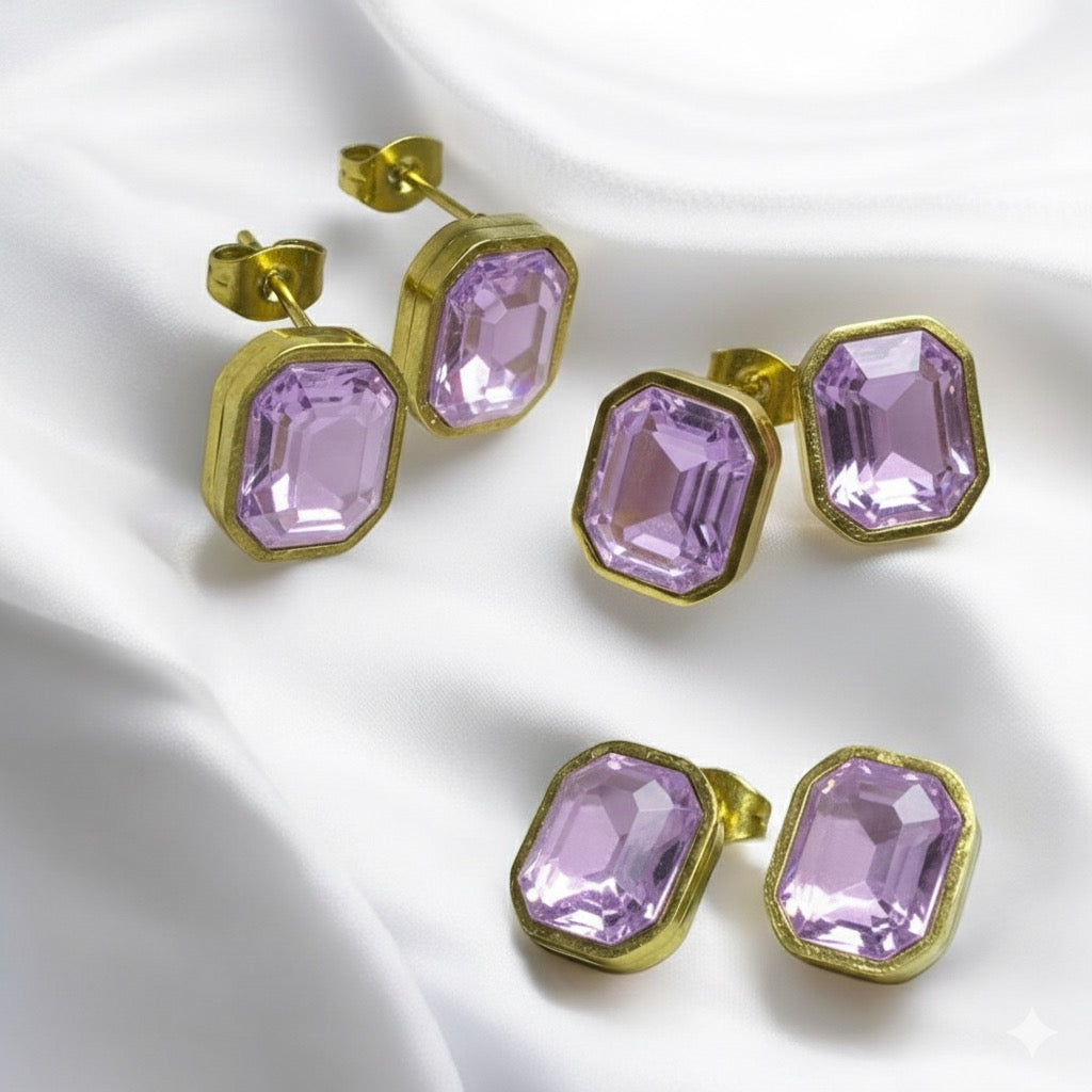 Aretes Esmeralda Geométricos en Acero Dorado | Luna Bella Joyería