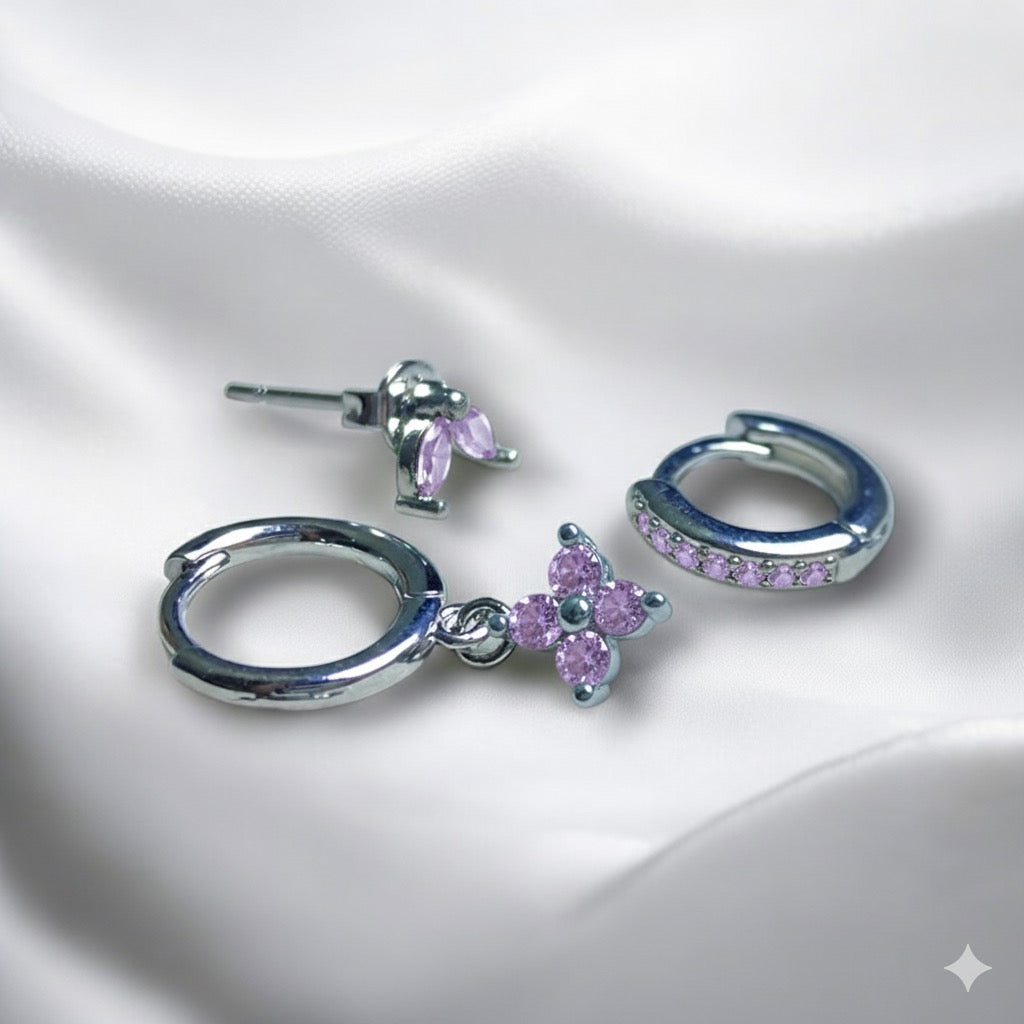 Set De Aretes Plateados Con Incrustaciones Y Dije De Flor | Luna Bella Joyería