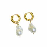Aretes Aro de Acero Inoxidable Dorado con Perla Barroca | Luna Bella Joyería