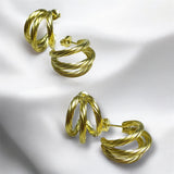 Aretes Dorados Triple Aro Trenzado Acero Inoxidable | Luna Bella Joyería