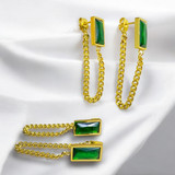 Aretes Dorados Con Cadena Y Piedra Verde Rectangular | Luna Bella Joyería